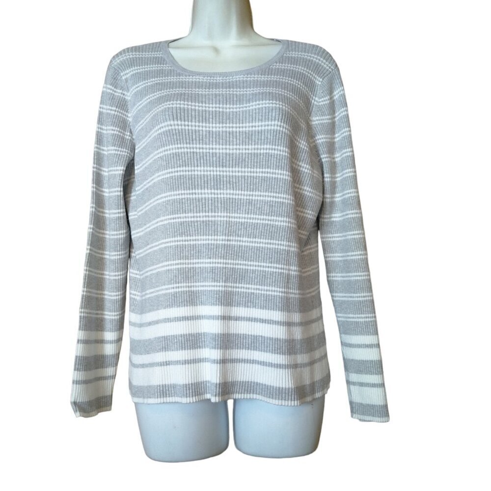 Worthington XL Long Sleeve Gray Striped Ribbed Pullover Sweater Casual Classic